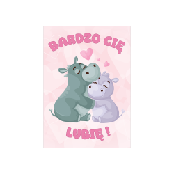 Kartka Walentynkowa BARDZO CIĘ LUBIĘ Walentynki A6 hipopotamy serca