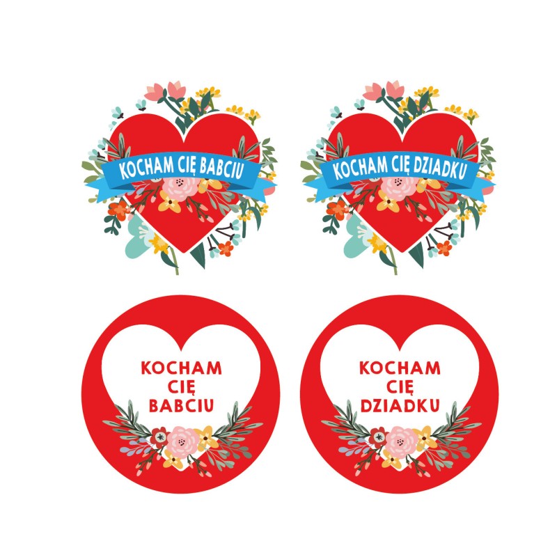 Naklejki Dzień Babci i Dziadka 4 cm 24 szt. KOCHAM CIĘ BABCIU DZIADKU