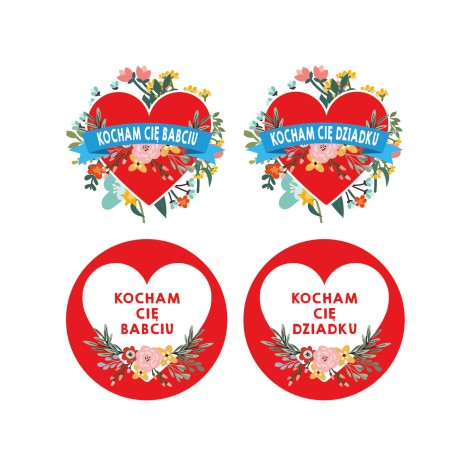 Naklejki Dzień Babci i Dziadka 4 cm 24 szt. KOCHAM CIĘ BABCIU DZIADKU