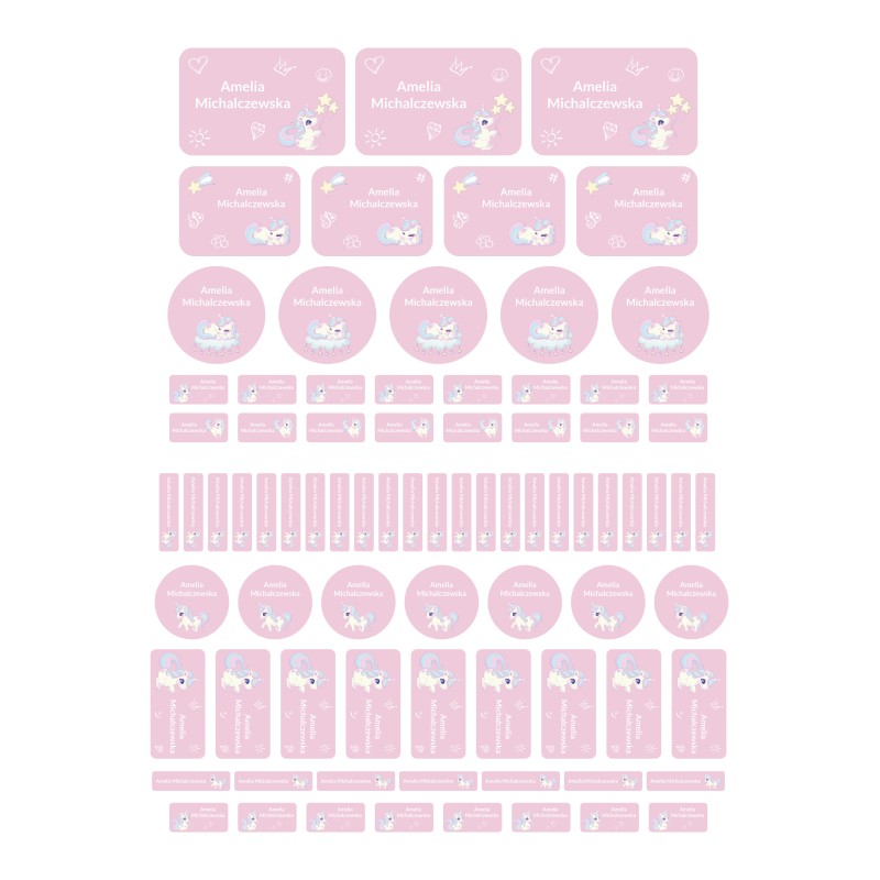 Naklejki imienne wodoodporne – Jednorożce, zestaw 82 sztuki