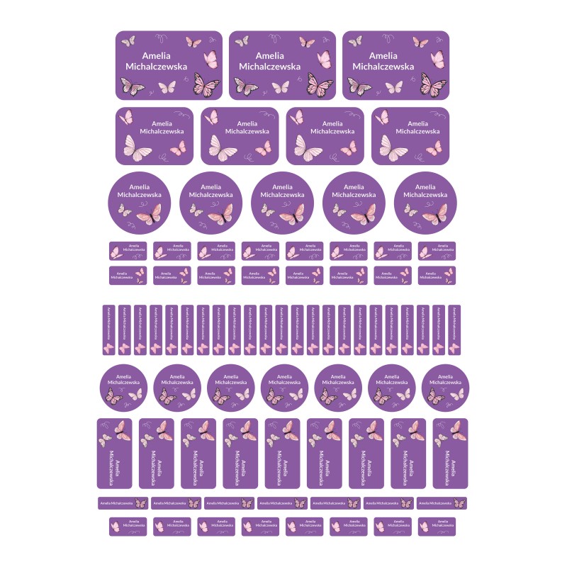 Naklejki imienne wodoodporne motylki, imiennik na przybory szkolne 82 szt.