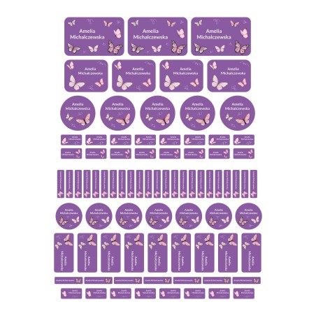 Naklejki imienne wodoodporne motylki, imiennik na przybory szkolne 82 szt.