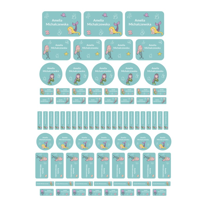 Naklejki imienne wodoodporne – Syrenki, zestaw 82 sztuki