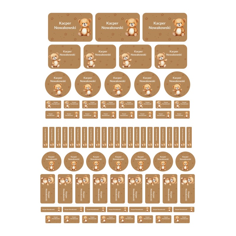 Naklejki imienne wodoodporne – Miś, zestaw 82 sztuki