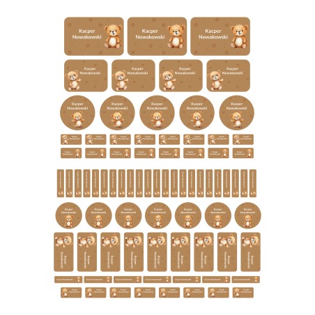 Naklejki imienne wodoodporne – Miś, zestaw 82 sztuki