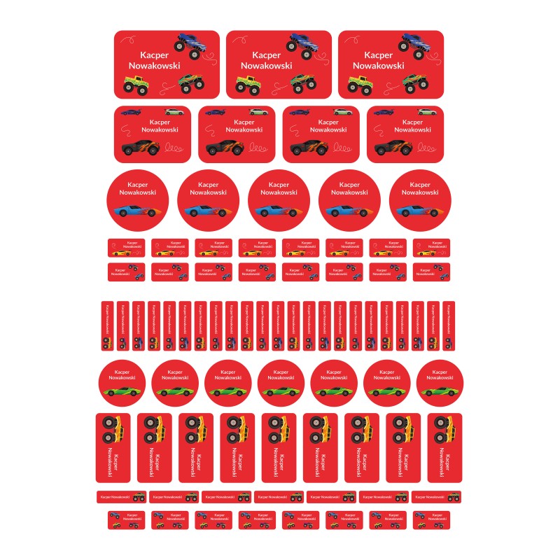 Naklejki imienne wodoodporne - Samochody, zestaw 82 sztuki