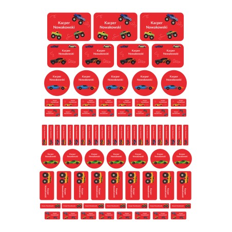 Naklejki imienne wodoodporne - Samochody, zestaw 82 sztuki