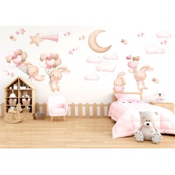Naklejki na ścianę meble - Króliczki i Balony - różowe