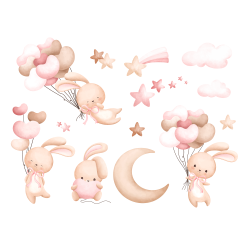 Naklejki na ścianę meble - Króliczki i Balony - różowe