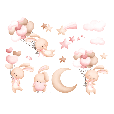 Naklejki na ścianę meble - Króliczki i Balony - różowe