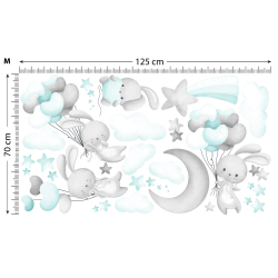 Naklejki na ścianę meble - Króliczki i Balony.  Szaro-miętowe