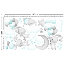 Naklejki na ścianę meble - Króliczki i Balony.  Szaro-miętowe