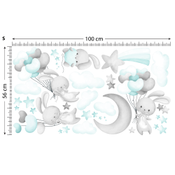 Naklejki na ścianę meble - Króliczki i Balony.  Szaro-miętowe