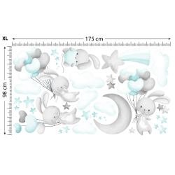 Naklejki na ścianę meble - Króliczki i Balony.  Szaro-miętowe