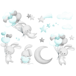 Naklejki na ścianę meble - Króliczki i Balony.  Szaro-miętowe