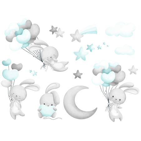 Naklejki na ścianę meble - Króliczki i Balony.  Szaro-miętowe