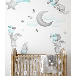 Naklejki na ścianę meble - Króliczki i Balony.  Szaro-miętowe