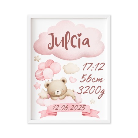 Metryczka Dla Dziecka Prezent Na Narodziny Chrzest w Ramce 30 x 40 cm