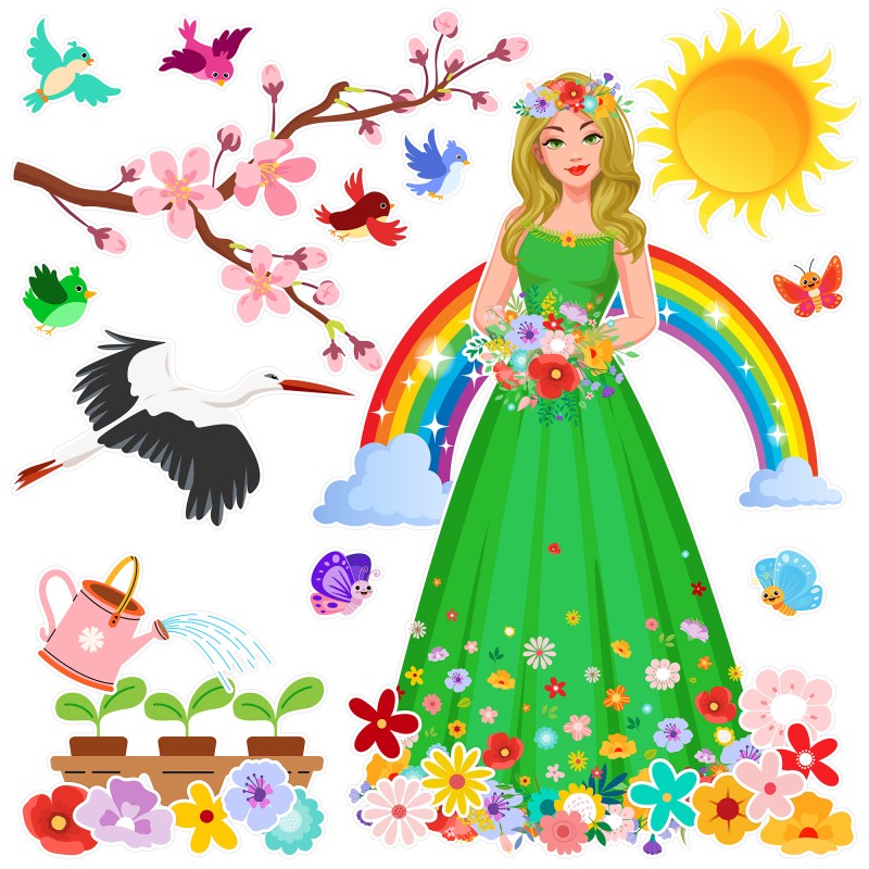 Dekoracja wiosenna dwustronna PANI WIOSNA na okno 29 el.