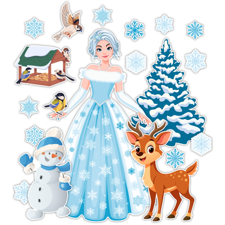 Dekoracja ZIMOWA dwustronna PANI ZIMA na okno 22 elementów