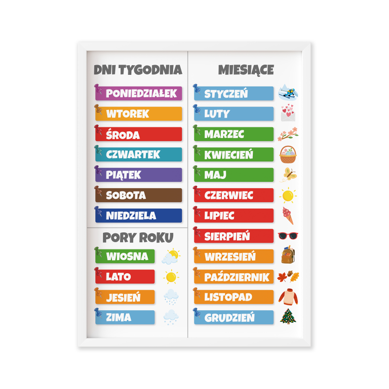 Kalendarz - Dni Tygodnia, Miesiące - Plakat Edukacyjny w ramce 30 x 40 cm