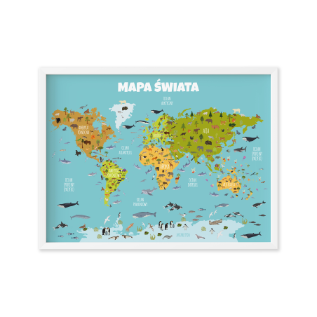 Mapa Świata - Zwierzęta - Plakat Edukacyjny w ramce 40 x 30 cm