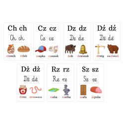 Karty edukacyjne Alfabet Plansze Litery foliowane Dwuznaki A4 7 szt