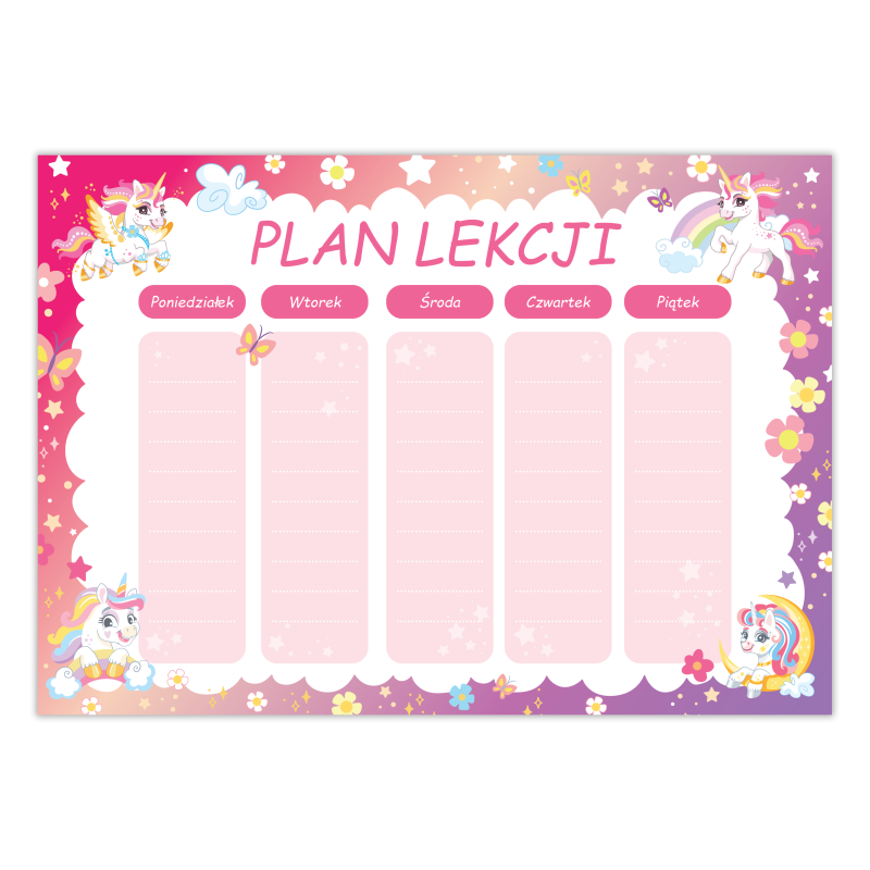 Plan lekcji dla dziewczynki Jednorożce Bajkowy A5