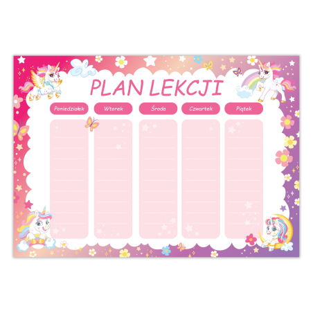 Plan lekcji dla dziewczynki Jednorożce Bajkowy A5