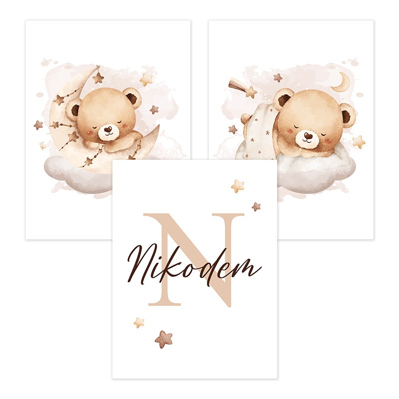 Obrazki do pokoju dziecka PLAKATY 3 x 30x40cm Misie Metryczka Prezent