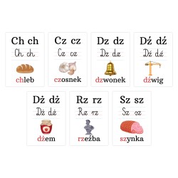 Karty edukacyjne Alfabet Plansze Litery foliowane Dwuznaki A5 7 szt