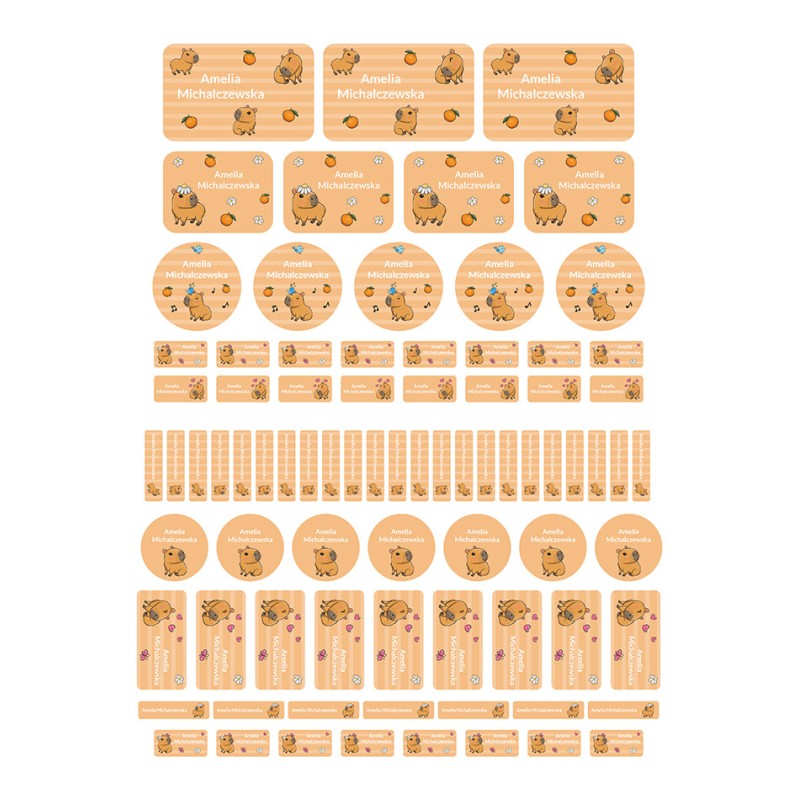 Naklejki imienne wodoodporne - Kapibara, zestaw 82 sztuki