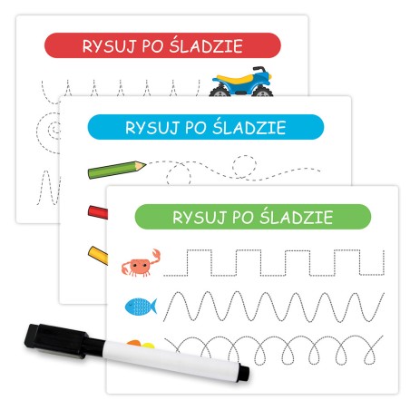 Karty edukacyjne Szlaczki - rysowanie po śladzie A6 24 szt + pisak