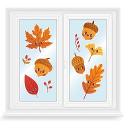 Dekoracja JESIENNA dwustronna na szybę okno LIŚCIE ŻOŁĘDZIE