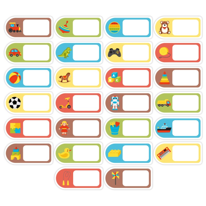 Naklejki do szatni na szafki z miejscem na imię ZABAWKI 26 sztuk