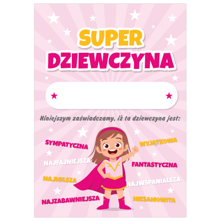 Dyplom na Dzień Dziewczyny Super Dziewczyna Prezent A5