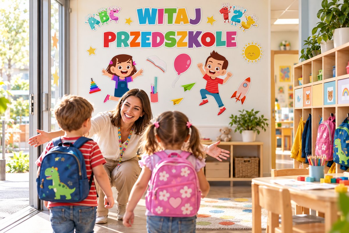 Dzieci z plecakami wchodzą do jasnego przedszkola pod dekoracją Witaj Przedszkole