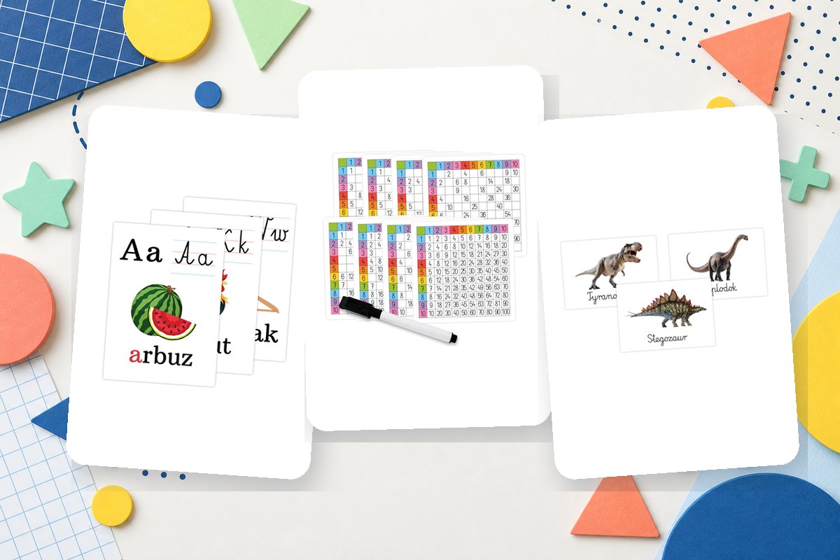 Karty edukacyjne z alfabetem, plansze tabliczki mnożenia i fiszki z dinozaurami