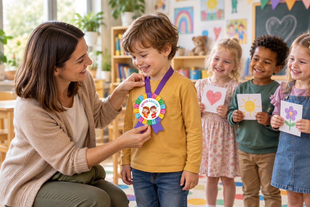Nauczycielka wręcza dziecku kolorowy papierowy medal Super Dziecko przy grupie rówieśników