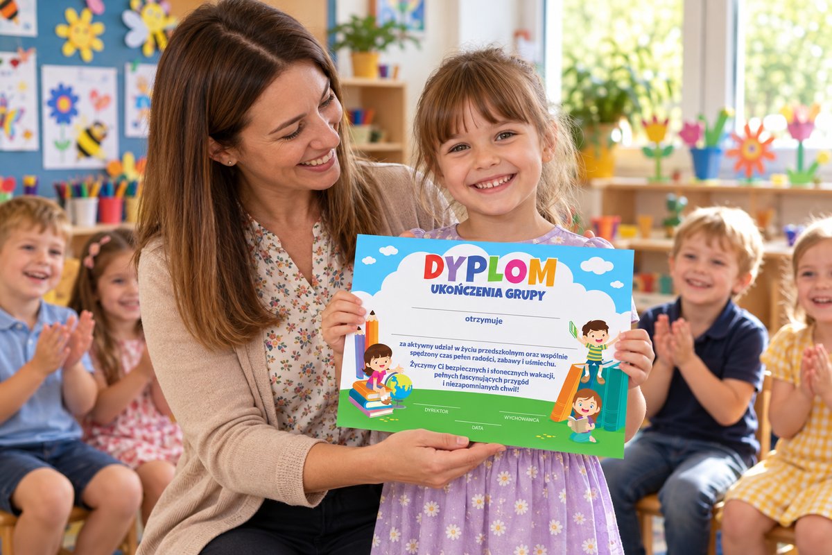 Nauczycielka wręcza dziecku kolorowy dyplom ukończenia zajęć przy klasie