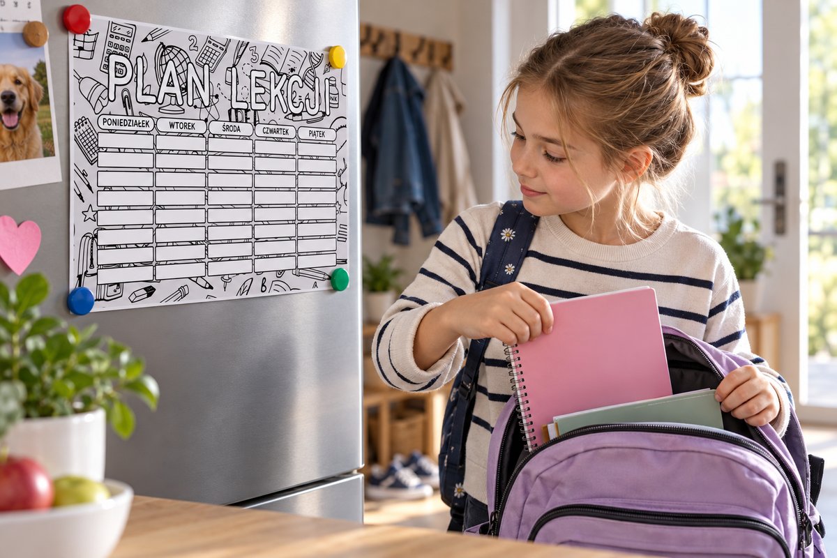Dziecko sprawdza magnetyczny plan lekcji i pakuje zeszyt do plecaka