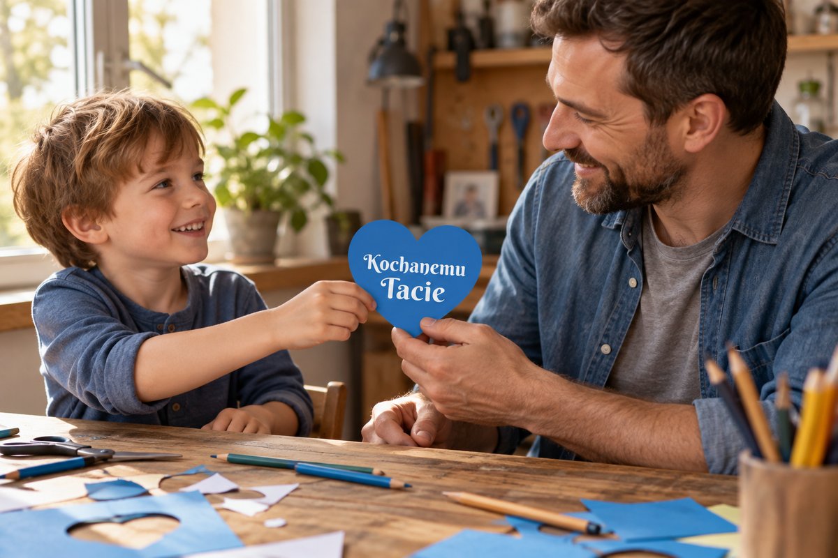 Dziecko wręcza tacie niebieskie serce Kochanemu Tacie przy wspólnym stole do prac ręcznych