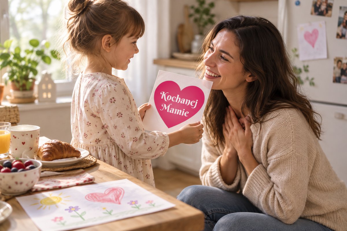 Dziecko wręcza mamie czerwone serce Kochanej Mamie w naturalnej domowej chwili