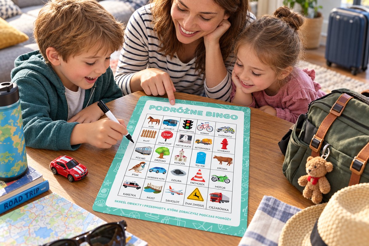 Rodzina gra przy stole w podróżne bingo z obrazkami przed wspólnym wyjazdem