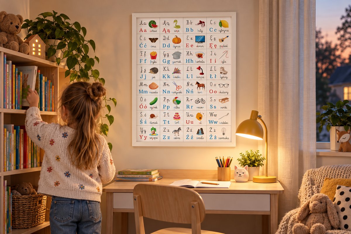 Oprawiony plakat alfabetu w przytulnym kąciku nauki dziecka