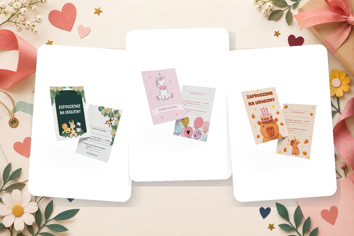 Zaproszenia i personalizowane winietki urodzinowe z motywem safari, jednorożca i kapibar