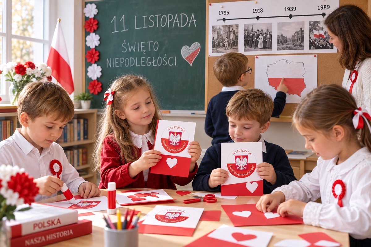 Dzieci tworzą czerwono-białe prace z naklejkami 11 listopada przy mapie i osi czasu
