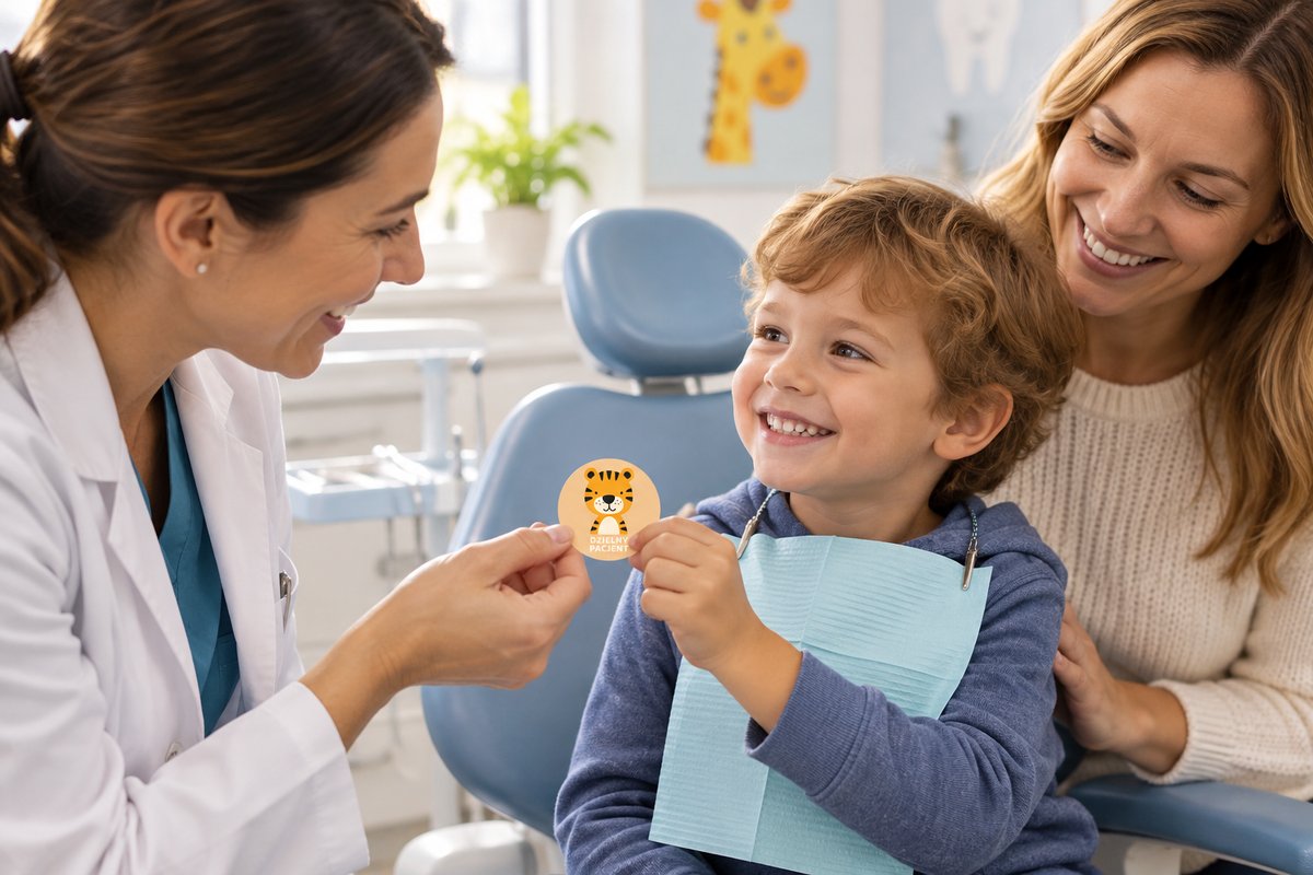 Dentystka wręcza uśmiechniętemu dziecku naklejkę Dzielny Pacjent po wizycie
