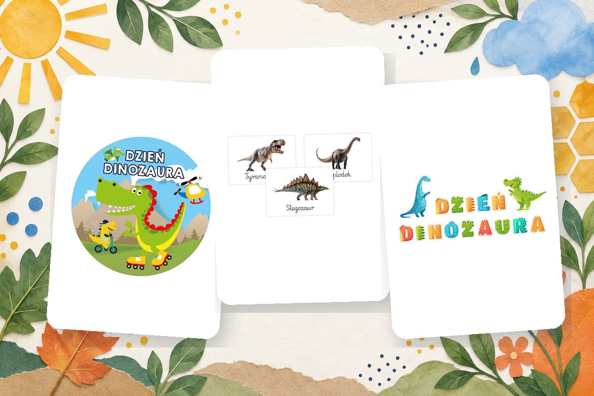 Karty, litery i naklejki z dinozaurami dla dzieci