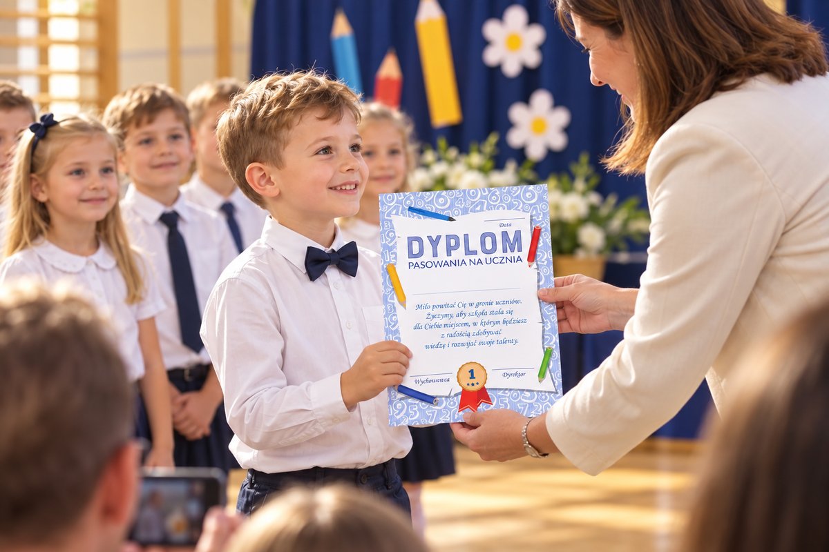 Nauczycielka wręcza dziecku niebieski dyplom pasowania na ucznia podczas szkolnej uroczystości